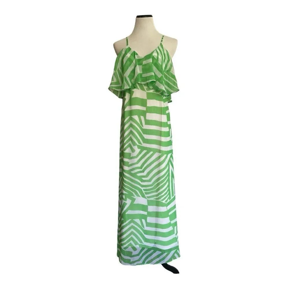 Madison Green White Print Maxi Dress Size M Adjustable Straps Sleeveless Lined
